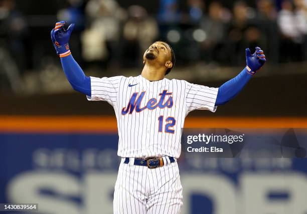 Francisco Lindor of the New York Mets celebrates his 2RBI double in the second inning against the Washington Nationals at Citi Field on October 05,...