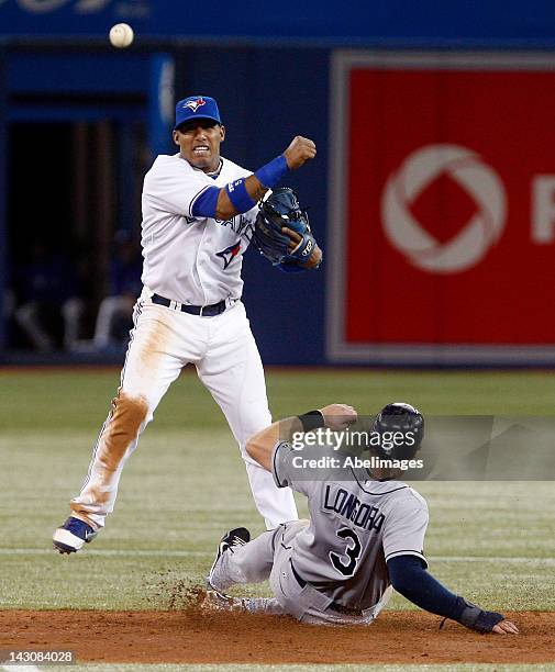 Yunel Escobar of the Toronto Blue Jays makes the double play over Evan Longoria of the Tampa Bay Rays during MLB action at the Rogers Centre April 18...