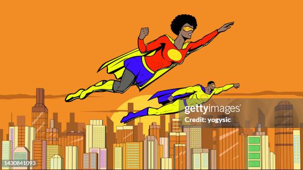 vector retro pop art african american superhero couple flying in a city at sunset stock illustration - cosplay stock illustrations