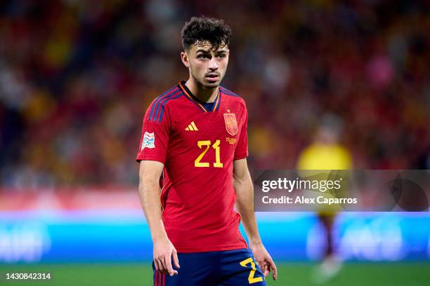 Pedri of Spain looks on during the UEFA Nations League League A Group 2 match between Spain and Switzerland at La Romareda on September 24, 2022 in...