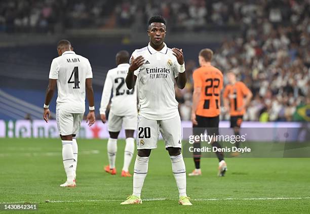 Vinicius Junior of Real Madrid celebrates after scoring their team's second goal during the UEFA Champions League group F match between Real Madrid...