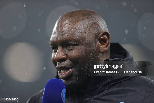 Shaun Goater, former Manchester City player, is interviewed during the UEFA Champions League group G match between Manchester City and FC Copenhagen...