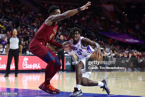 Donovan Mitchell of the Cleveland Cavaliers guards Tyrese Maxey of the Philadelphia 76ers during the second quarter at Wells Fargo Center on October...