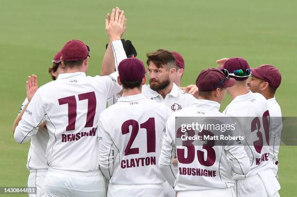 Michael Neser of Queensland celebrates with team mates the wicket of Caleb Jewell of Tasmania during the Sheffield Shield match between Queensland...