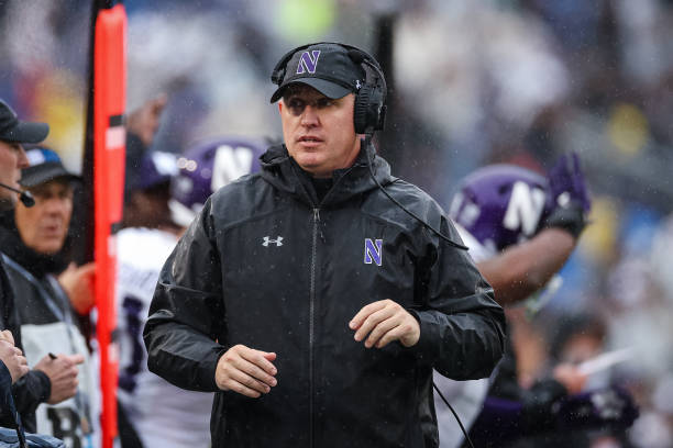 Head coach Pat Fitzgerald of the Northwestern Wildcats looks on against the Penn State Nittany Lions during the first half at Beaver Stadium on...