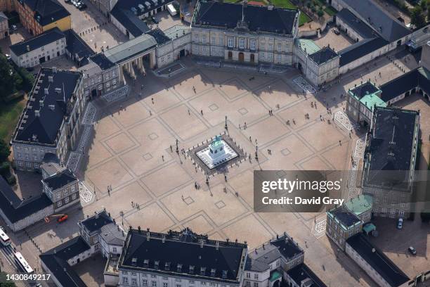 An aerial view of the Amalienborg Palace and the Equestrian Statue on August 17, 2022 in Copenhagen, Denmark.