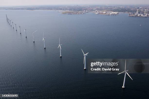 An aerial view of the wind turbines that make up the Middelgrunden Offshore Wind Farm on August 18, 2022 in Copenhagen, Denmark.