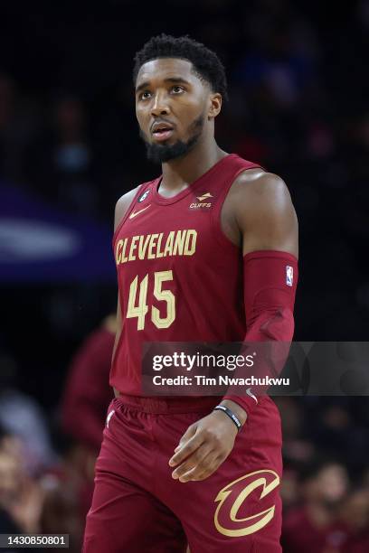 Donovan Mitchell of the Cleveland Cavaliers looks on during the second quarter against the Philadelphia 76ers at Wells Fargo Center on October 05,...