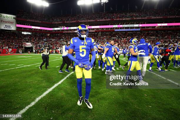 Jalen Ramsey of the Los Angeles Rams celebrates after beating the Tampa Bay Buccaneers in the NFC Divisional Playoff game at Raymond James Stadium on...