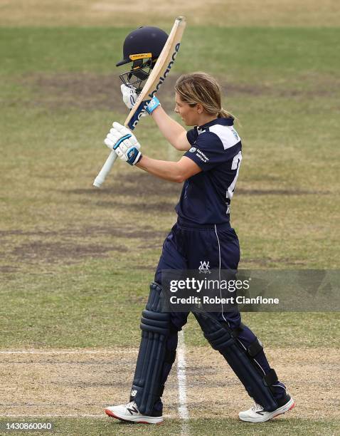 Sophie Molineux of Victoria celebrates after scoring her century during the WNCL match between Victoria and Tasmania at CitiPower Centre, on October...