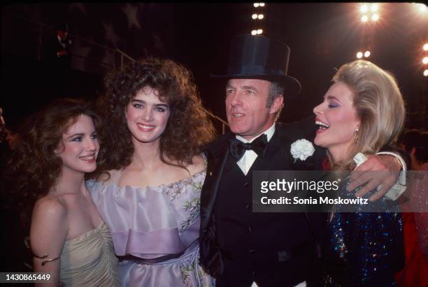 Portrait of, from left, American actors Melissa Gilbert, Brooke Shields, James Caan , and Priscilla Barnes as they attend the 'Night of 100 Stars'...
