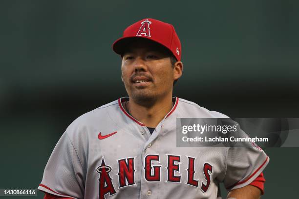 Kurt Suzuki of the Los Angeles Angels looks on before the game against the Oakland Athletics at RingCentral Coliseum on October 04, 2022 in Oakland,...