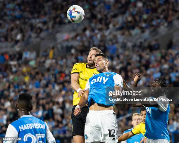 Daniel Ríos of Charlotte FC and Josh Williams of Columbus Crew go for a header during a game between Columbus Crew and Charlotte FC at Bank of...