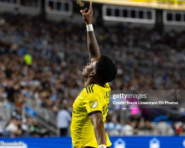 Luis Díaz of Columbus Crew celebrates his goal during a game between Columbus Crew and Charlotte FC at Bank of America Stadium on October 5, 2022 in...