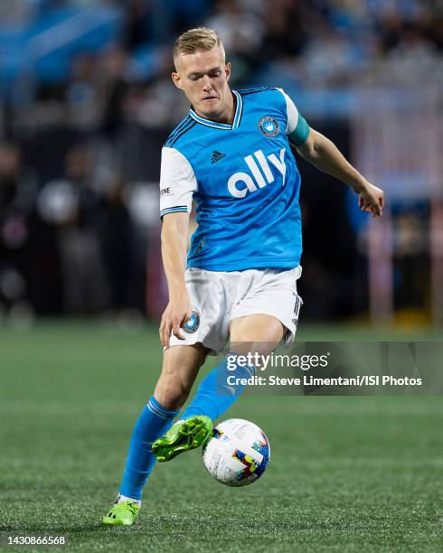 Karol widerski of Charlotte FC makes a move with the ball during a game between Columbus Crew and Charlotte FC at Bank of America Stadium on October...