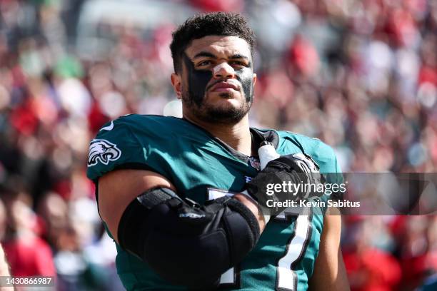 Andre Dillard of the Philadelphia Eagles stands for the national anthem prior to the NFC Wild Card Playoff game against the Tampa Bay Buccaneers at...