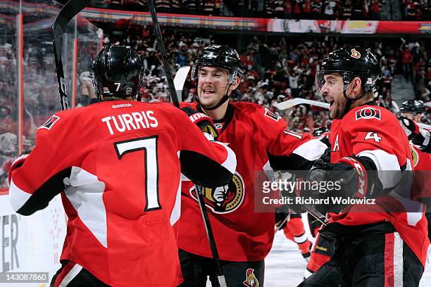 Kyle Turris of the Ottawa Senators celebrates his overtime game winning goal against the New York Rangers in Game Four of the Eastern Conference...