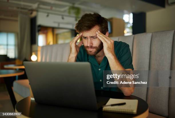 stress, burnout and headache by business man, working on a laptop at night in office, frustrated by deadline and pressure. anxiety, mental health and health risk with entrepreneur looking exhausted - oops stock pictures, royalty-free photos & images