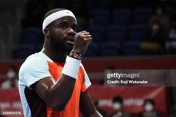 Frances Tiafoe of the United States celebrates Bernabe Zapata Miralles of Spain during on day four of the Rakuten Japan Open at Ariake Coliseum on...