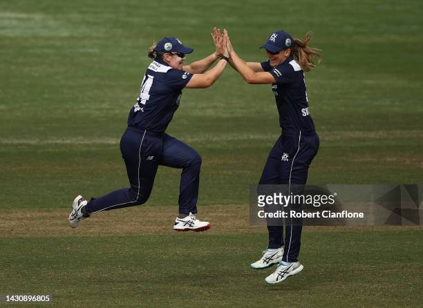 Rhiann O’Donnell of Victoria celebrates with Annabel Sutherland after taking a catch to dismiss Heather Graham of Tasmania during the WNCL match...