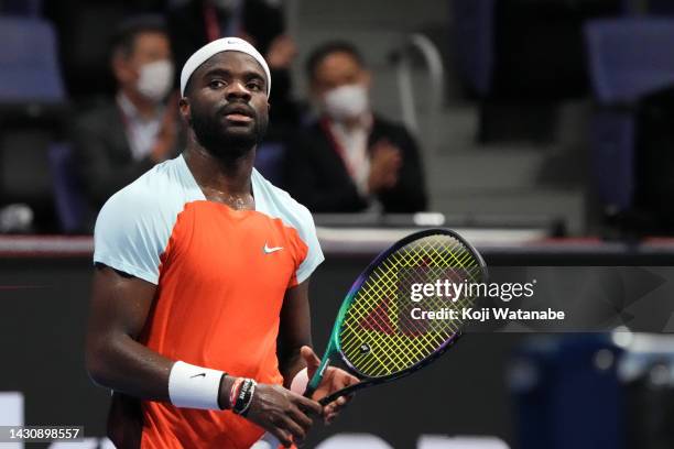 Frances Tiafoe of the United States celebrates winning Bernabe Zapata Miralles of Spain during on day four of the Rakuten Japan Open at Ariake...