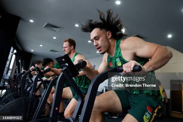 Tino Fa'asuamaleaui takes part in a gym session during an Australia Kangaroos media opportunity ahead of the Rugby League World Cup at E-Lab Training...