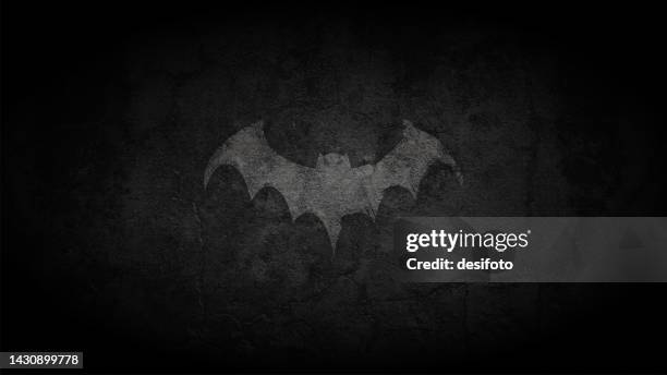 blank spooky rustic dark grey black gradient color scratched old cracked wall background with one faded bat silhouette shadow in same colour tone - graveyard background stock illustrations