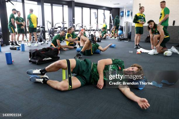 Campbell Graham takes part in a gym session during an Australia Kangaroos media opportunity ahead of the Rugby League World Cup at E-Lab Training on...