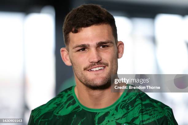 Nathan Cleary speaks to the media during an Australia Kangaroos media opportunity ahead of the Rugby League World Cup at E-Lab Training on October...