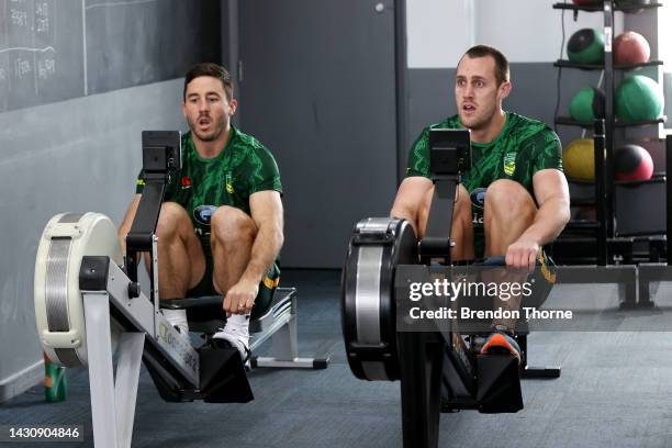 Isaah Yeo and Ben Hunt take part in a gym session during an Australia Kangaroos media opportunity ahead of the Rugby League World Cup at E-Lab...