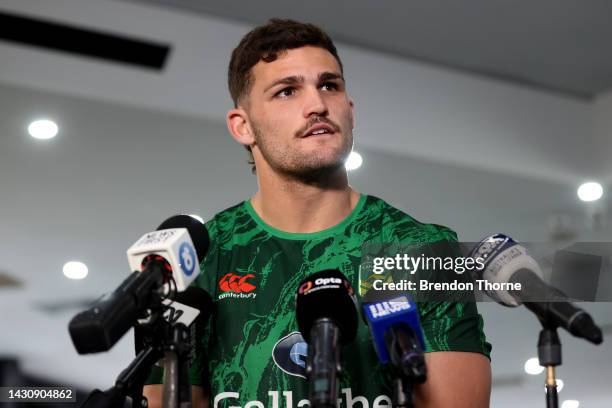 Nathan Cleary speaks to the media during an Australia Kangaroos media opportunity ahead of the Rugby League World Cup at E-Lab Training on October...