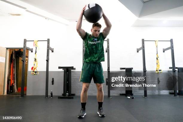 Cameron Murray takes part in a gym session during an Australia Kangaroos media opportunity ahead of the Rugby League World Cup at E-Lab Training on...