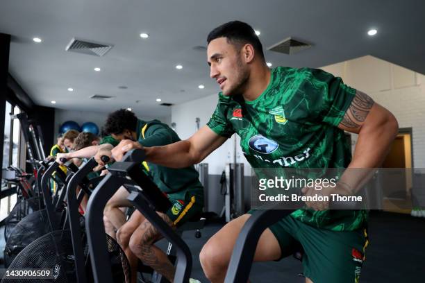 Valentine Holmes takes part in a gym session during an Australia Kangaroos media opportunity ahead of the Rugby League World Cup at E-Lab Training on...