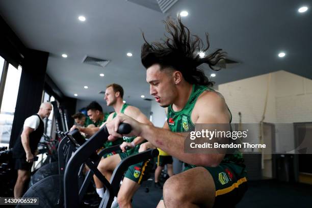 Tino Fa'asuamaleaui takes part in a gym session during an Australia Kangaroos media opportunity ahead of the Rugby League World Cup at E-Lab Training...