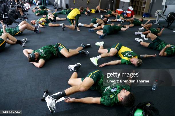 Kangaroos players take part in a gym session during an Australia Kangaroos media opportunity ahead of the Rugby League World Cup at E-Lab Training on...