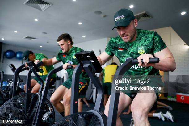Angus Crichton takes part in a gym session during an Australia Kangaroos media opportunity ahead of the Rugby League World Cup at E-Lab Training on...