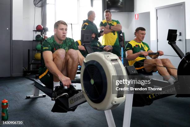 Matt Burton and Jack Wighton take part in a gym session during an Australia Kangaroos media opportunity ahead of the Rugby League World Cup at E-Lab...