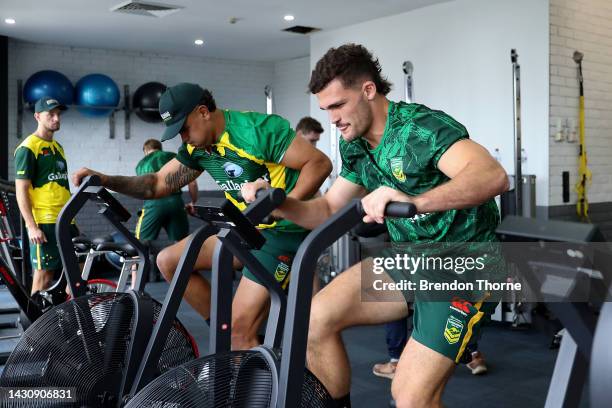 Nathan Cleary and Latrell Mitchell take part in a gym session during an Australia Kangaroos media opportunity ahead of the Rugby League World Cup at...