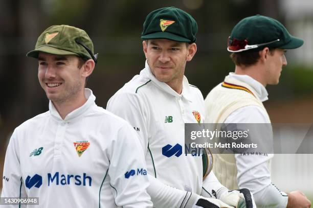 Tim Paine of Tasmania looks on during the Sheffield Shield match between Queensland Bulls and Tasmania Tigers at Allan Border Field, on October 06 in...