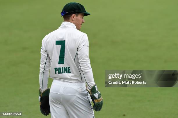 Tim Paine of Tasmania looks on during the Sheffield Shield match between Queensland Bulls and Tasmania Tigers at Allan Border Field, on October 06 in...