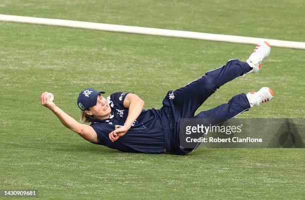 Ellyse Perry of Victoria takes a catch to dismiss Sarah Coyte of Tasmania during the WNCL match between Victoria and Tasmania at CitiPower Centre, on...