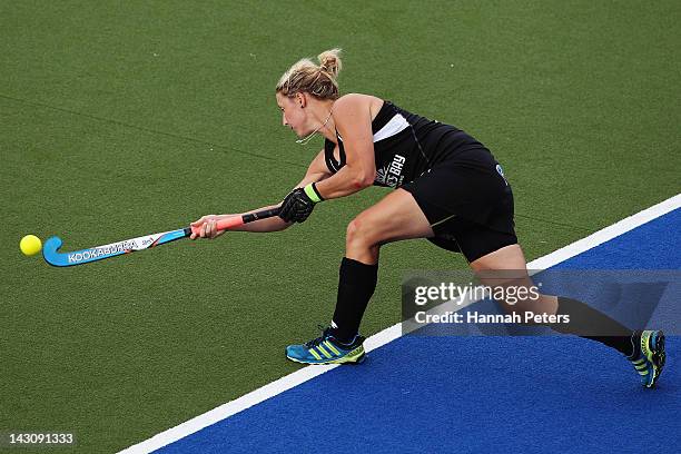 Sophie Devine of New Zealand flicks the ball up during the Four Nations match between New Zealand and USA at Lloyd Elsmore Hockey Stadium on April...