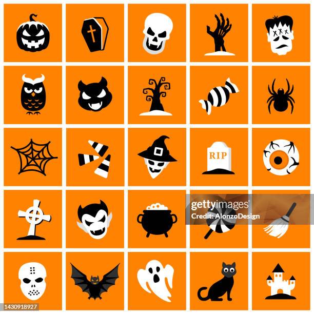 ilustrações de stock, clip art, desenhos animados e ícones de halloween holiday. orange square icon set. - frankenstein