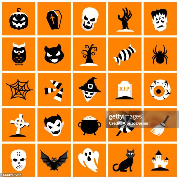 halloween holiday. orange square icon set. - witchs hat stock illustrations