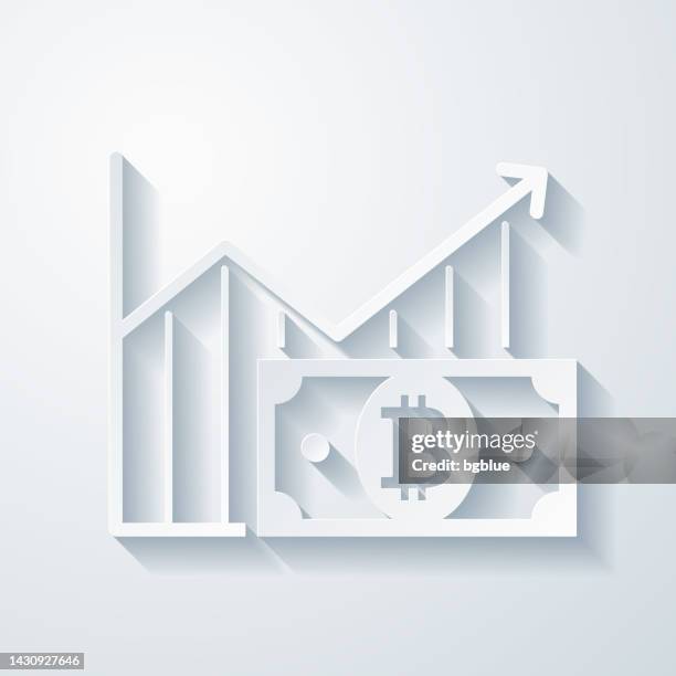 stockillustraties, clipart, cartoons en iconen met growing graph with bitcoin banknote. icon with paper cut effect on blank background - welvaart