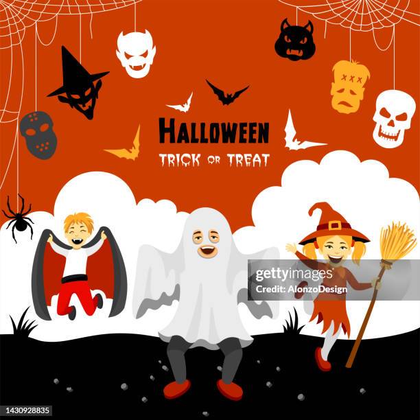 halloween kids party. poster. party invitation. trick or treaters - moon spiders stock illustrations