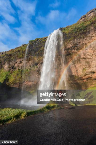 the man standing in front of the seljalandsfoss the seljalandsfoss iceland, travel and adventure concept - seljalandsfoss waterfall stock pictures, royalty-free photos & images