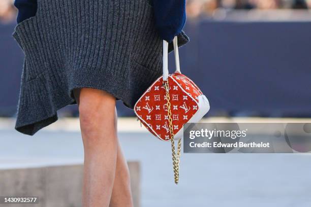 Zita D'Hauteville wears a dark gray embossed ribbed wool tank-top short dress from Louis Vuitton, a red with white LV monogram print pattern leather...