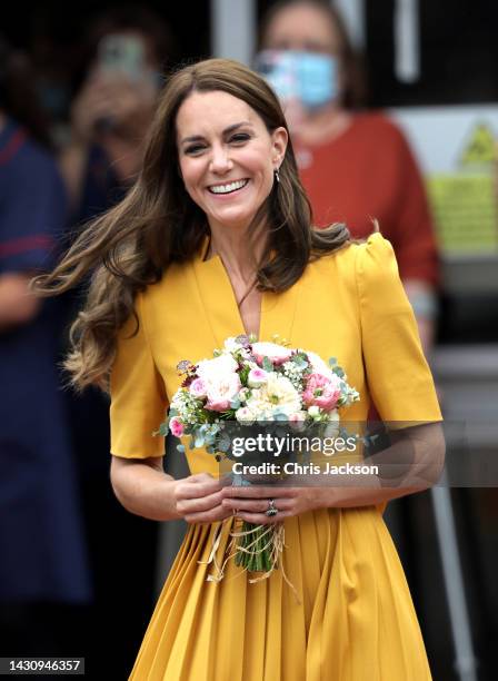 Catherine, Princess of Wales visits the Royal Surrey County Hospital's Maternity Unit at Royal Surrey County Hospital on October 05, 2022 in...