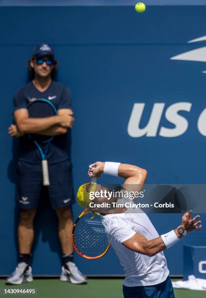 August 26. Rafael Nadal of Spain with coach Carlos Moya during a practice session on Louis Armstrong Stadium in preparation for the US Open Tennis...